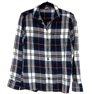 WOOLRICH Women’s Flannel Button Shirt XL Blue White Plaid Soft Long Sleeve Pocke